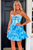 Blue Floral A Line Tiered Chiffon Short Corset Homecoming Dress with Beading