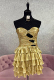 Strapless Cut Out Gold A Line Tiered Metallic Homecoming Dress