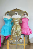 Strapless Cut Out Gold A Line Tiered Metallic Homecoming Dress