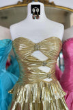 Strapless Cut Out Gold A Line Tiered Metallic Homecoming Dress