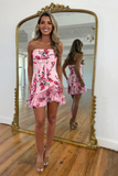 Strapless Blue Floral Tight Ruffled Short Homecoming Dress with Bow