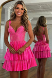 Sparkly Fuchsia A Line Beaded Tiered Short Homecoming Dress