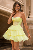 A-Line Corset Strapless Yellow Homecoming Dress With Ruffles
