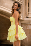 A-Line Corset Strapless Yellow Homecoming Dress With Ruffles
