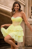 A-Line Corset Strapless Yellow Homecoming Dress With Ruffles