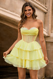 A-Line Corset Strapless Yellow Homecoming Dress With Ruffles