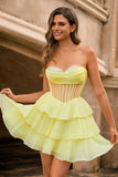 A-Line Corset Strapless Yellow Homecoming Dress With Ruffles