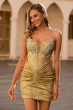 Golden Bodycon Strapless Homecoming Dress With Appliques