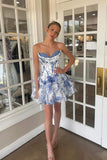 Blue Floral A Line Corset Tiered Short Homecoming Dress