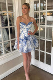 Blue Floral A Line Corset Tiered Short Homecoming Dress