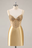 Corset Satin Bodycon Golden Homecoming Dress With Appliques