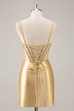 Corset Satin Bodycon Golden Homecoming Dress With Appliques