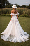 A Line Lace White Cold Shoulder Long Wedding Dress