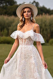 A Line Lace White Cold Shoulder Long Wedding Dress