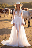White A-Line Long Sleeve V Neck Wedding Dress With Lace