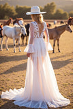 White A-Line Long Sleeve V Neck Wedding Dress With Lace