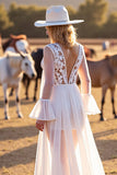White A-Line Long Sleeve V Neck Wedding Dress With Lace