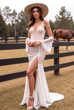 Mermaid Detachable Spaghetti Straps Lace White Boho Wedding Dress With Slit