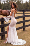 Mermaid Detachable Spaghetti Straps Lace White Boho Wedding Dress With Slit
