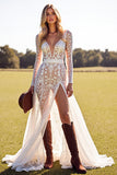 White Lace A-Line Long Sleeve V Neck Wedding Dress With Slit