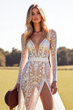 White Lace A-Line Long Sleeve V Neck Wedding Dress With Slit
