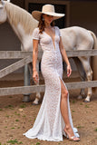 Mermaid V Neck Lace White Boho Wedding Dress With Slit