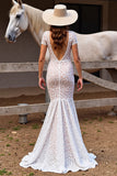 Mermaid V Neck Lace White Boho Wedding Dress With Slit