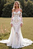 Cold Shoulder Mermaid Long Sleeve Lace White Wedding Dress