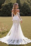 Cold Shoulder Mermaid Long Sleeve Lace White Wedding Dress