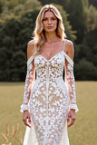 Cold Shoulder Mermaid Long Sleeve Lace White Wedding Dress