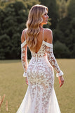 Cold Shoulder Mermaid Long Sleeve Lace White Wedding Dress