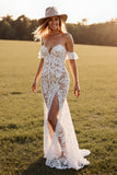 Off The Shoulder Mermaid Lace White Boho Wedding Dress With Slit