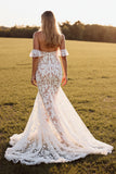 Off The Shoulder Mermaid Lace White Boho Wedding Dress With Slit