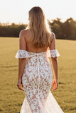 Off The Shoulder Mermaid Lace White Boho Wedding Dress With Slit