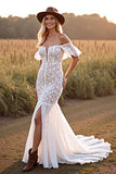 White Off The Shoulder Lace Mermaid Boho Wedding Dress With Slit