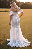 White Off The Shoulder Lace Mermaid Boho Wedding Dress With Slit