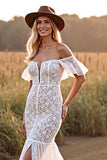 White Off The Shoulder Lace Mermaid Boho Wedding Dress With Slit
