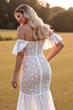 White Off The Shoulder Lace Mermaid Boho Wedding Dress With Slit