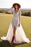 Long Sleeve Corset White V Neck Lace A Line Wedding Dress With Slit