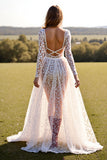 Long Sleeve Corset White V Neck Lace A Line Wedding Dress With Slit