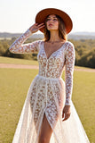 Long Sleeve Corset White V Neck Lace A Line Wedding Dress With Slit