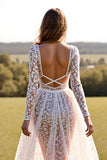 Long Sleeve Corset White V Neck Lace A Line Wedding Dress With Slit