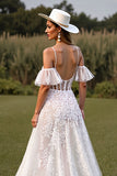 Lace White Cold Shoulder A Line Wedding Dress