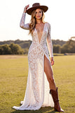 White V Neck Long Sleeve Lace Wedding Dress With Slit