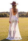 White V Neck Long Sleeve Lace Wedding Dress With Slit