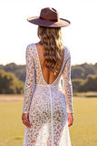 White V Neck Long Sleeve Lace Wedding Dress With Slit