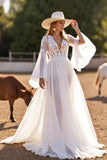 White V Neck A Line Long Sleeve Wedding Dress With Lace