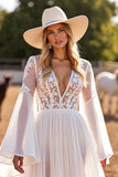 White V Neck A Line Long Sleeve Wedding Dress With Lace