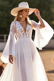 White V Neck A Line Long Sleeve Wedding Dress With Lace