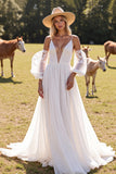Detachable Spaghetti Straps A Line White Boho Wedding Dress With Lace